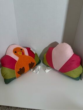 Plush Decorative Turkey Accent Pillow - Pink, Green, Orange - 2(two) Pillows